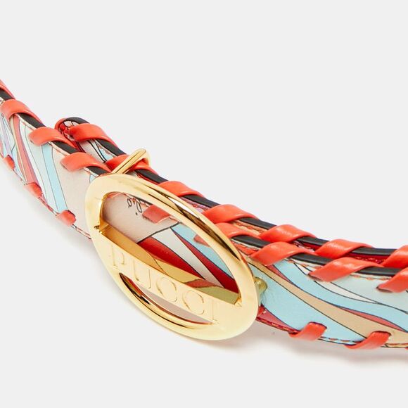 Emilio Pucci Whipstitch M Round Buckle Orange Printed Leather - Picture 2 of 5